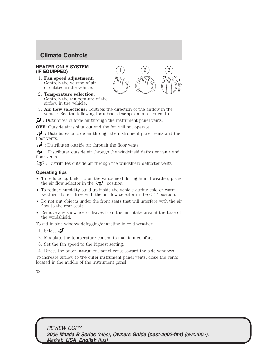 Climate controls | Mazda 2005 B2300 Truck User Manual | Page 33 / 257