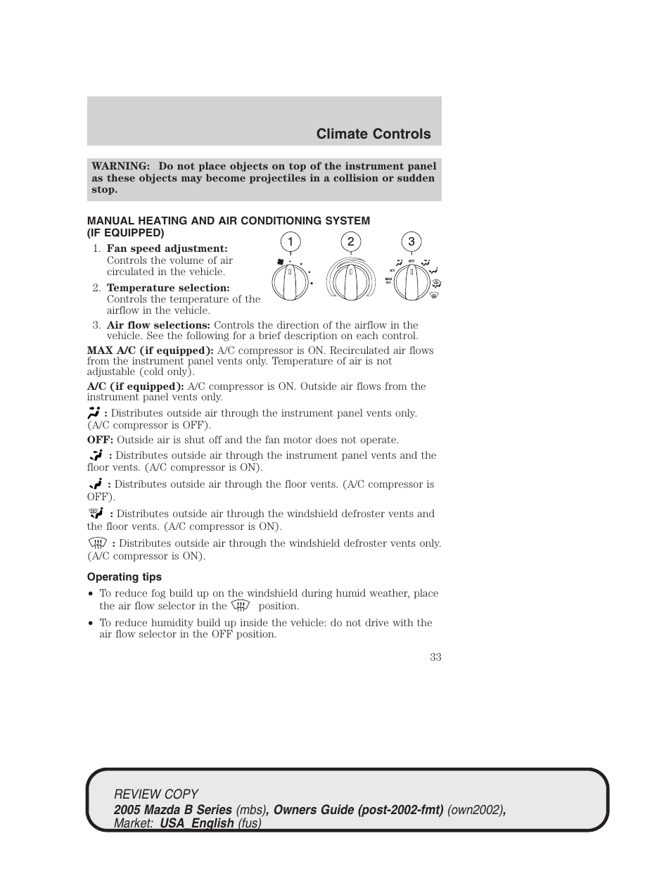 Climate controls | Mazda 2005 B2300 Truck User Manual | Page 34 / 257
