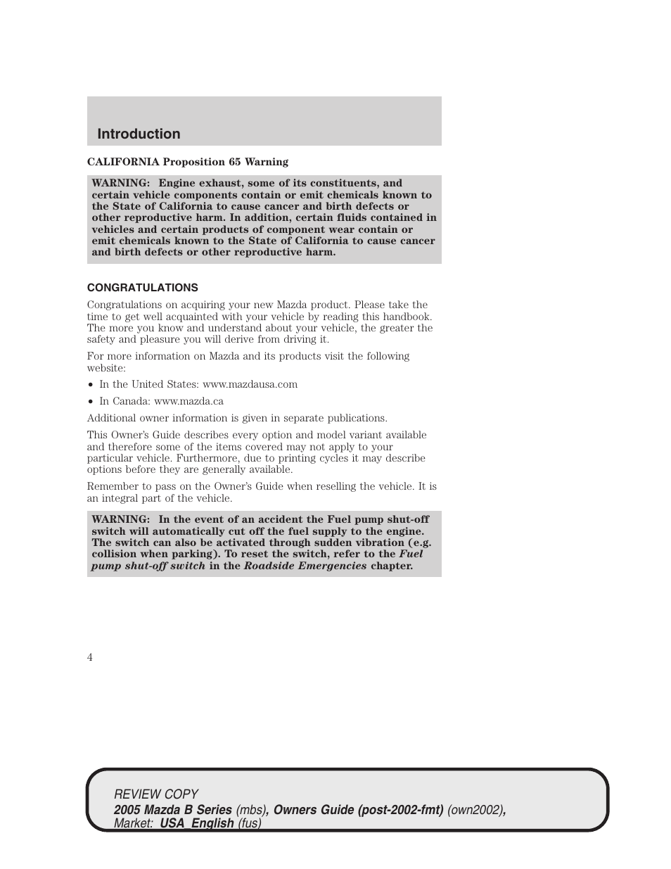 Introduction | Mazda 2005 B2300 Truck User Manual | Page 5 / 257