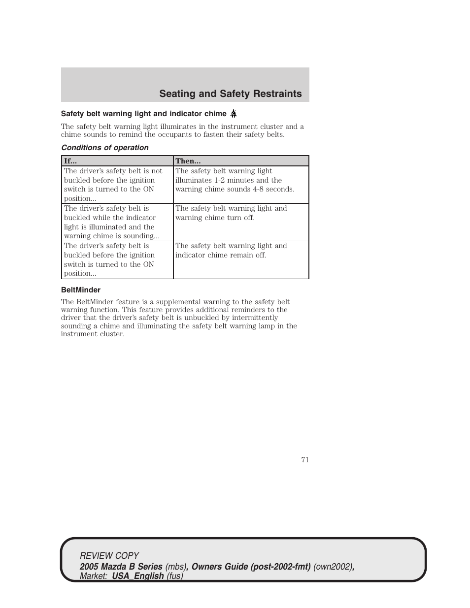 Seating and safety restraints | Mazda 2005 B2300 Truck User Manual | Page 72 / 257