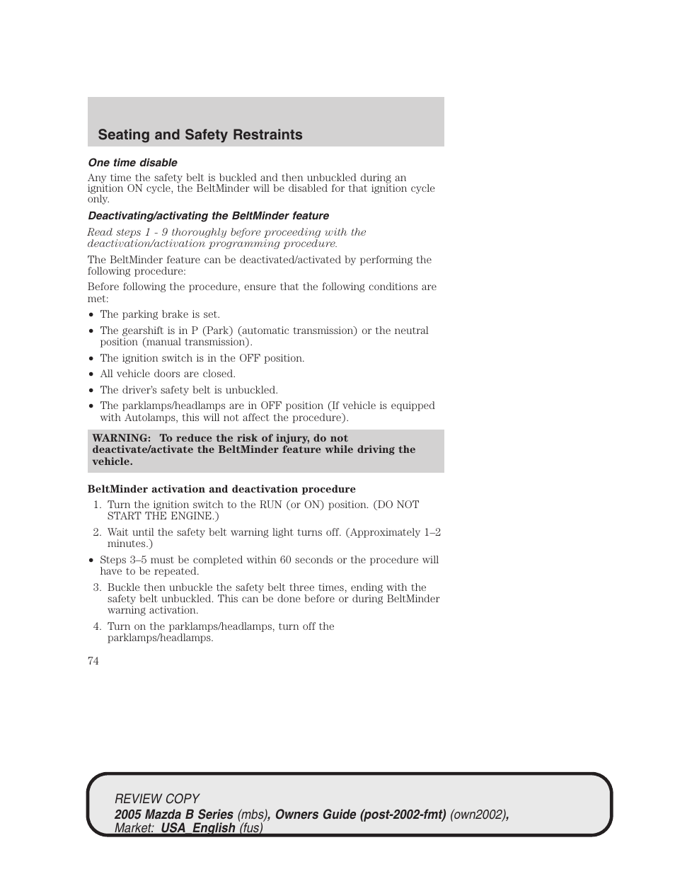 Seating and safety restraints | Mazda 2005 B2300 Truck User Manual | Page 75 / 257