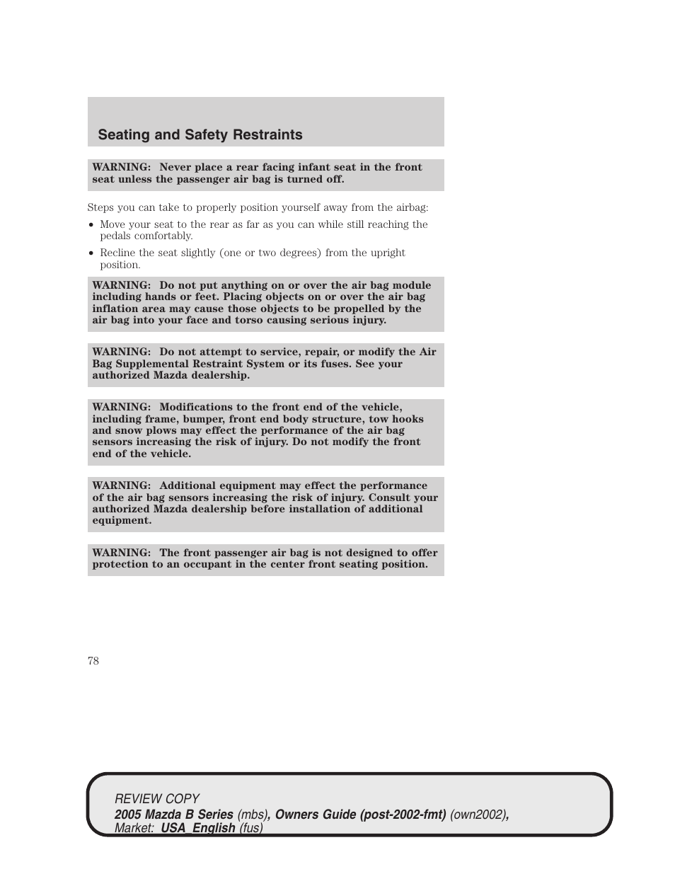 Seating and safety restraints | Mazda 2005 B2300 Truck User Manual | Page 79 / 257