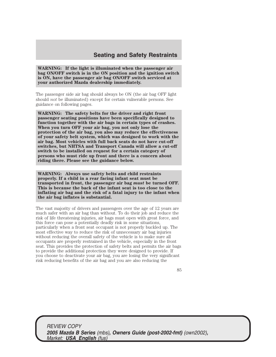 Seating and safety restraints | Mazda 2005 B2300 Truck User Manual | Page 86 / 257