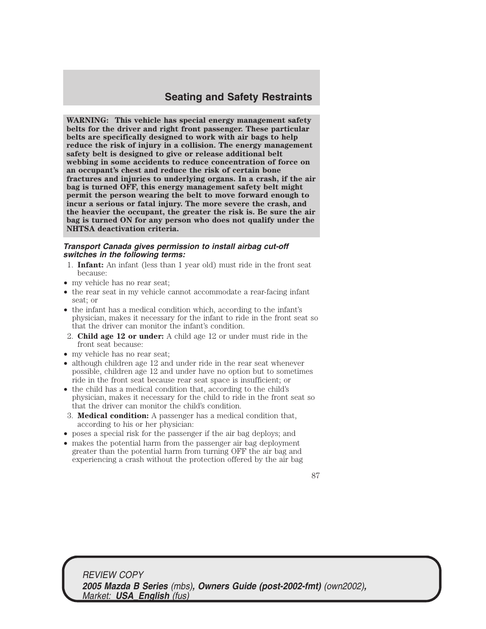 Seating and safety restraints | Mazda 2005 B2300 Truck User Manual | Page 88 / 257