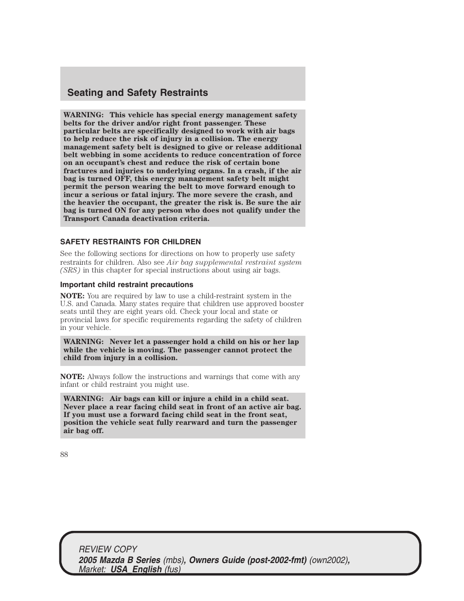 Seating and safety restraints | Mazda 2005 B2300 Truck User Manual | Page 89 / 257