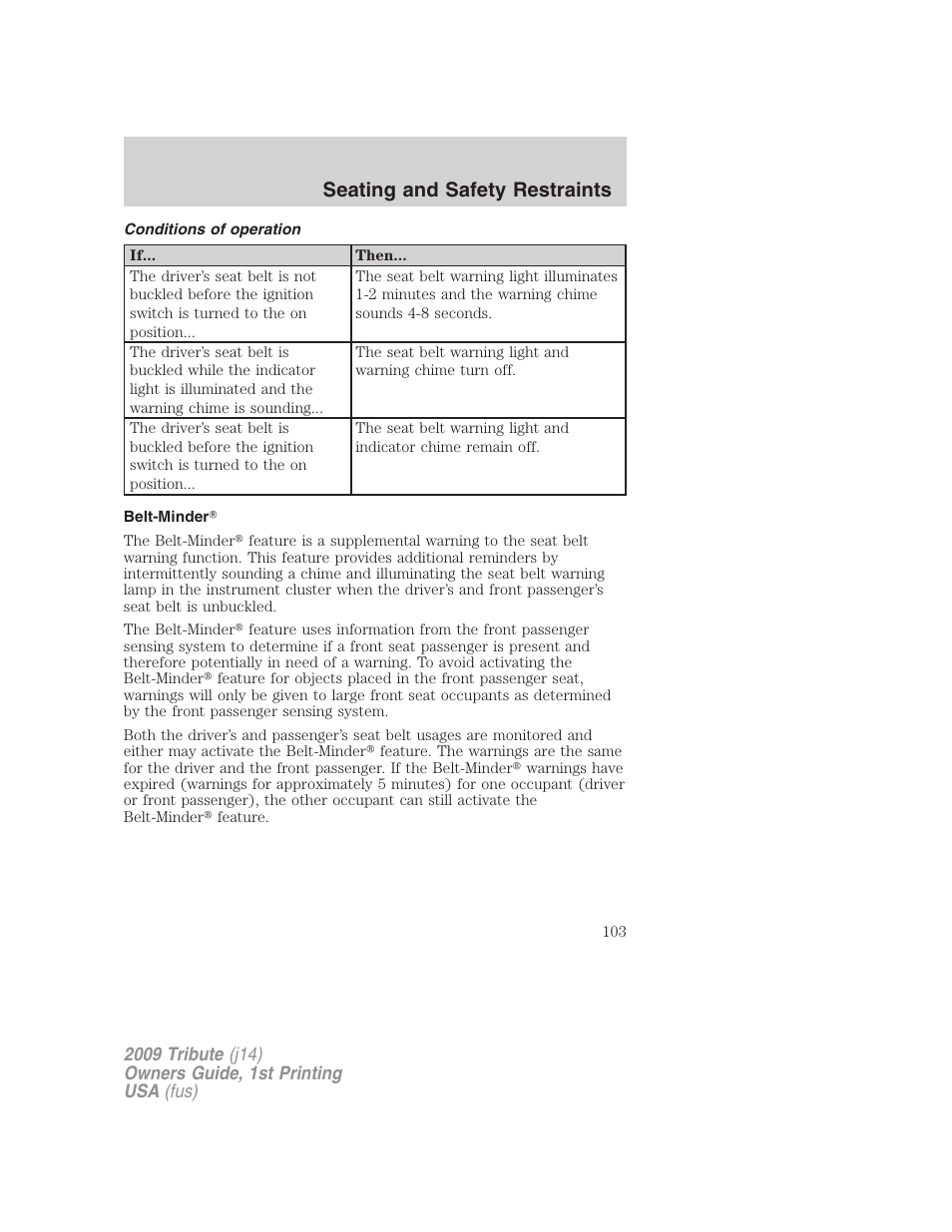 Conditions of operation, Belt-minder, Seating and safety restraints | Mazda 2009 Tribute User Manual | Page 103 / 304
