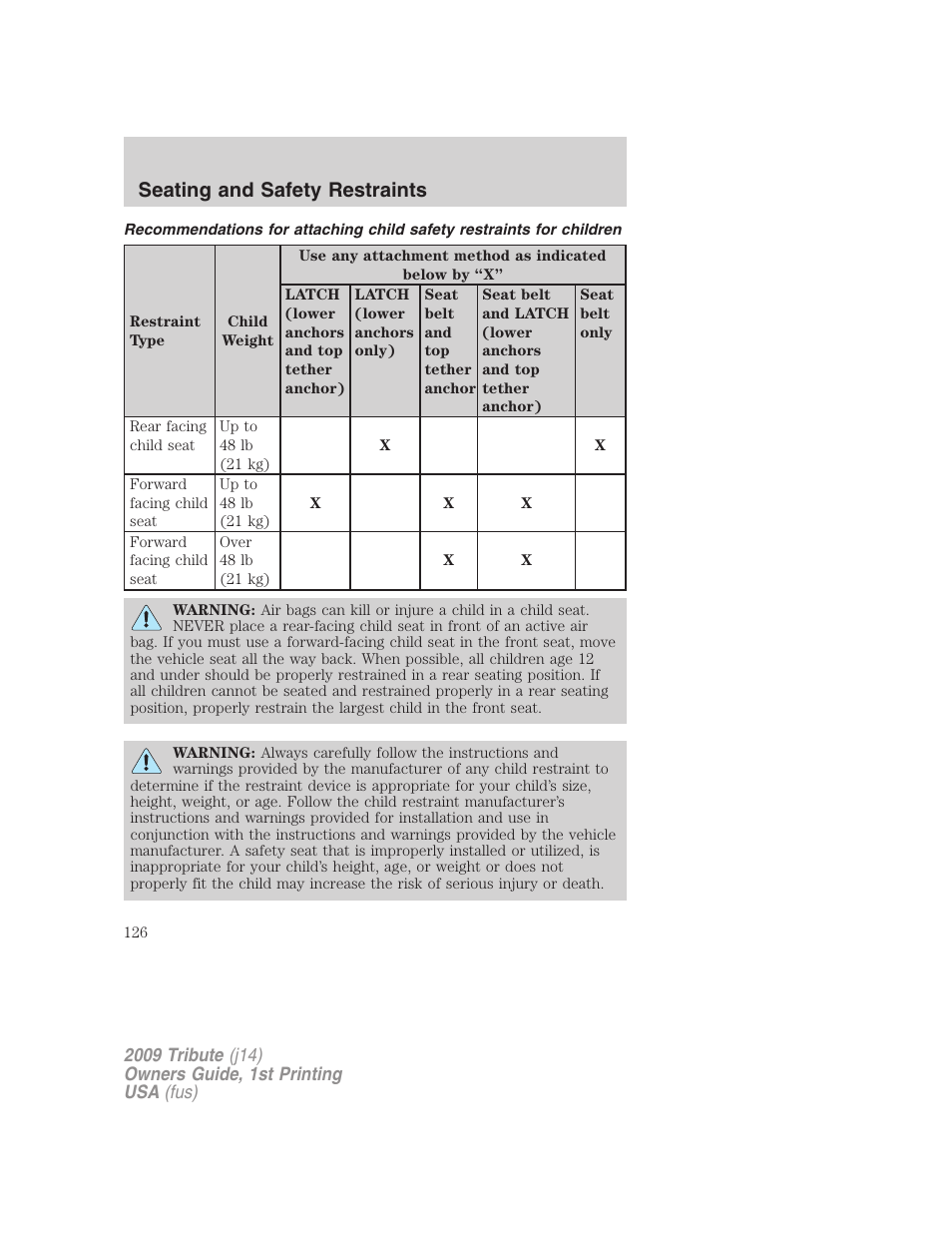 Seating and safety restraints | Mazda 2009 Tribute User Manual | Page 126 / 304