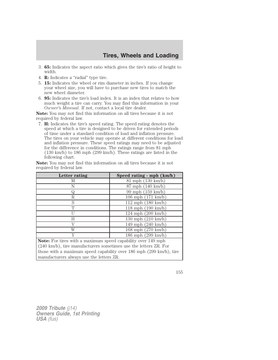 Tires, wheels and loading | Mazda 2009 Tribute User Manual | Page 155 / 304