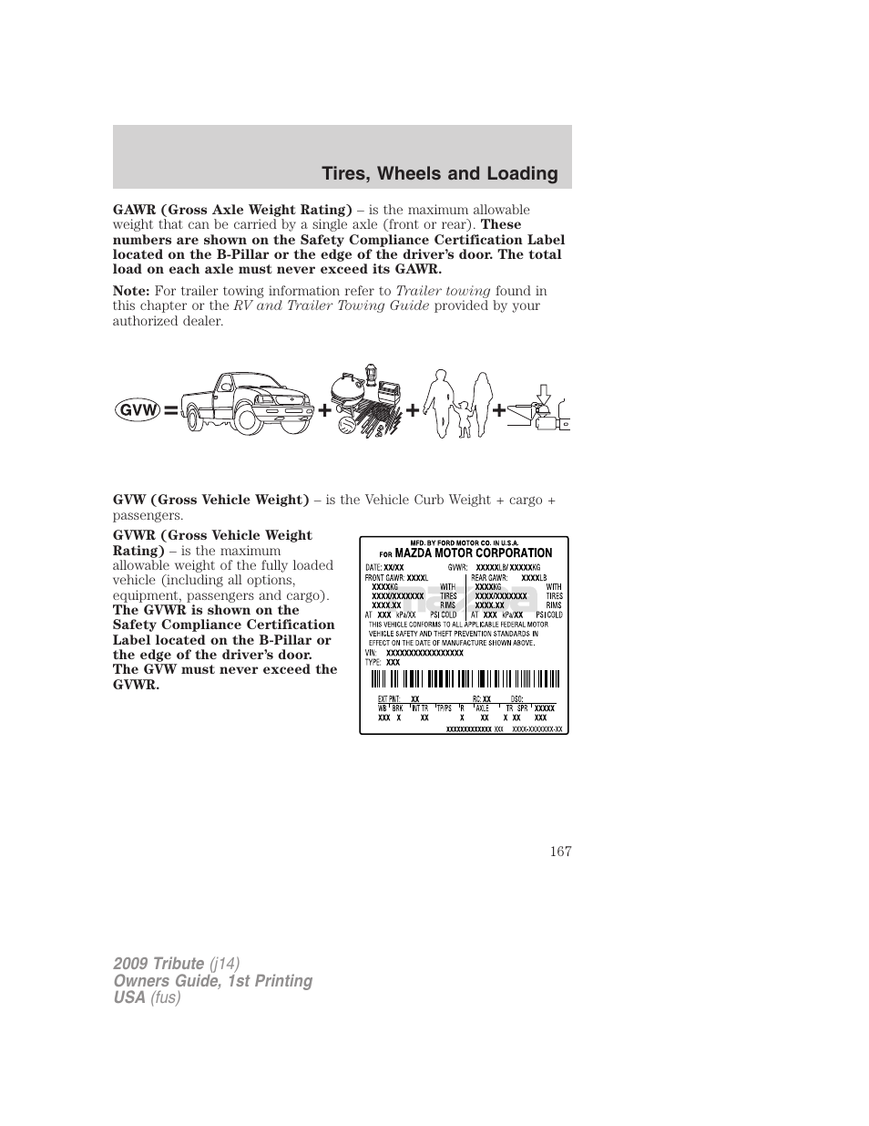 Tires, wheels and loading | Mazda 2009 Tribute User Manual | Page 167 / 304