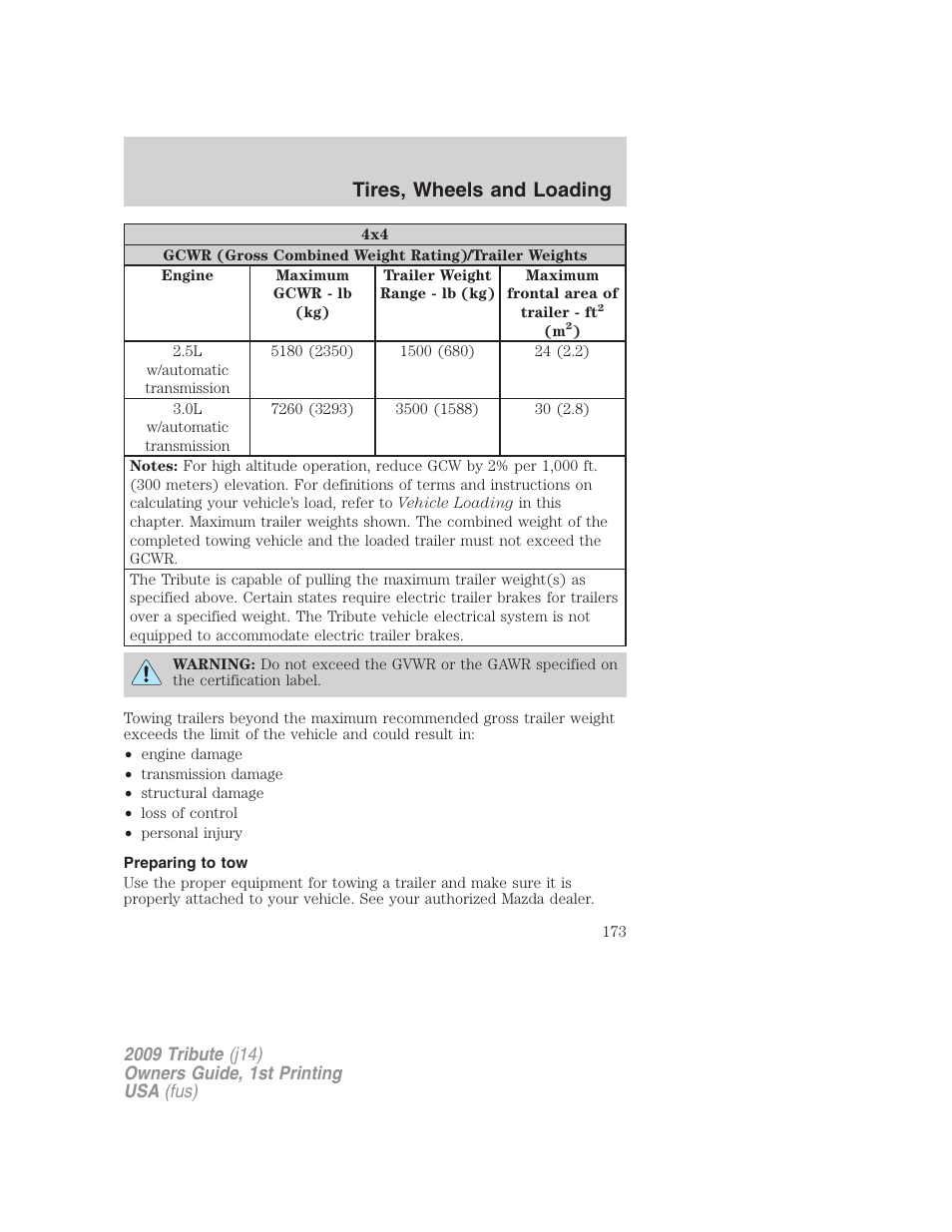 Preparing to tow, Tires, wheels and loading | Mazda 2009 Tribute User Manual | Page 173 / 304