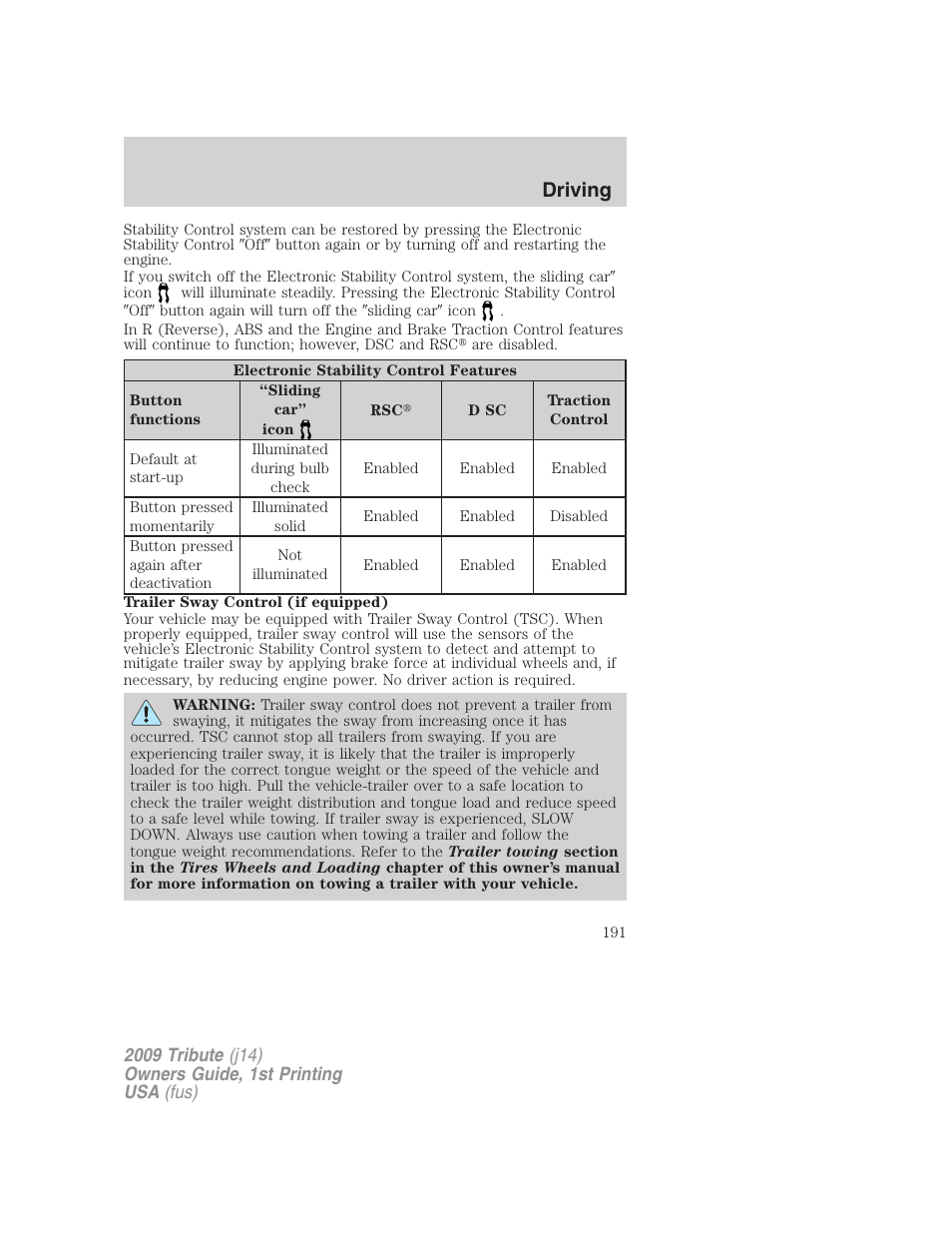 Driving | Mazda 2009 Tribute User Manual | Page 191 / 304