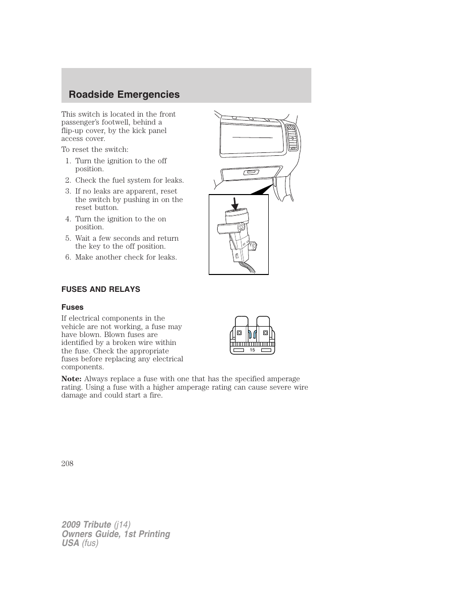 Fuses and relays, Fuses, Roadside emergencies | Mazda 2009 Tribute User Manual | Page 208 / 304