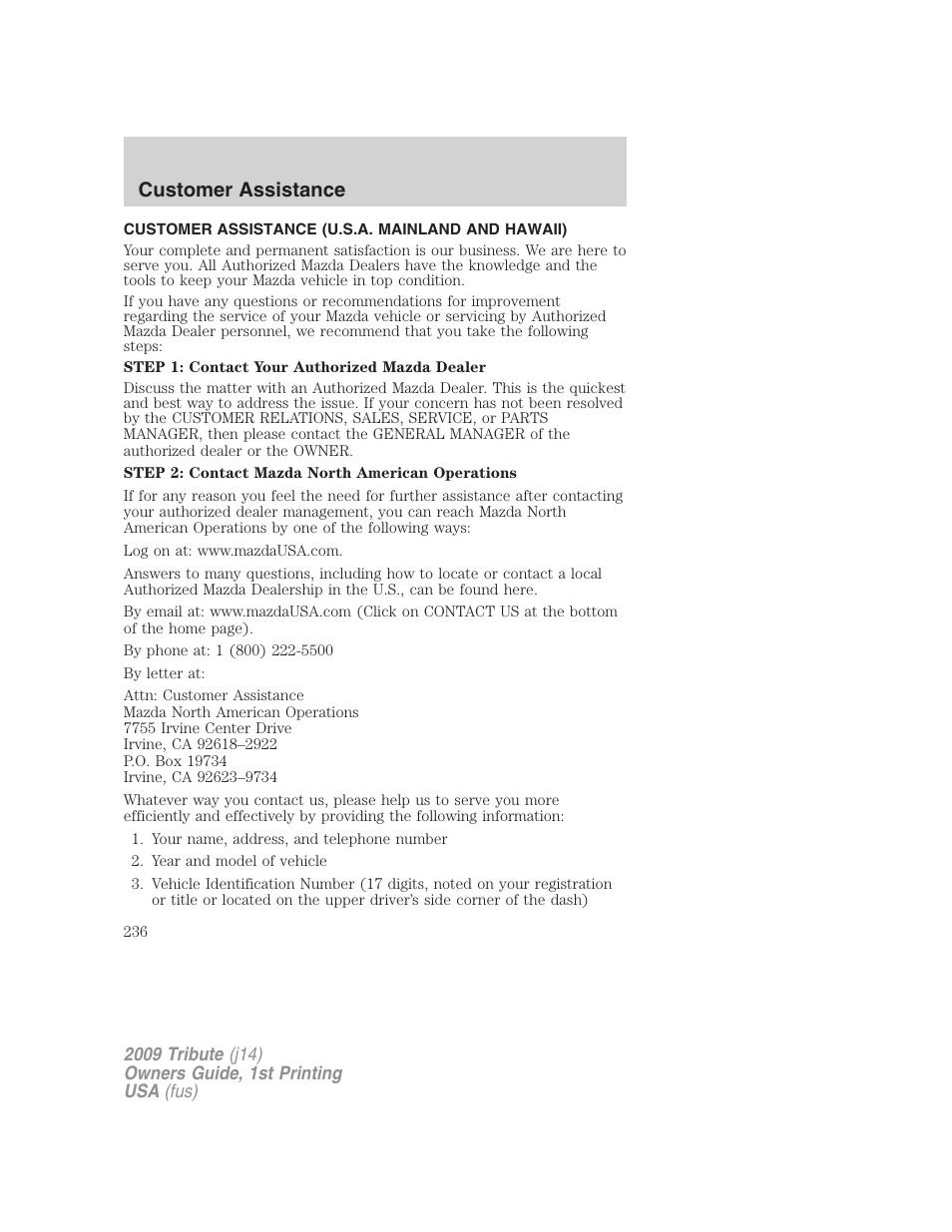 Customer assistance, Customer assistance (u.s.a. mainland and hawaii) | Mazda 2009 Tribute User Manual | Page 236 / 304