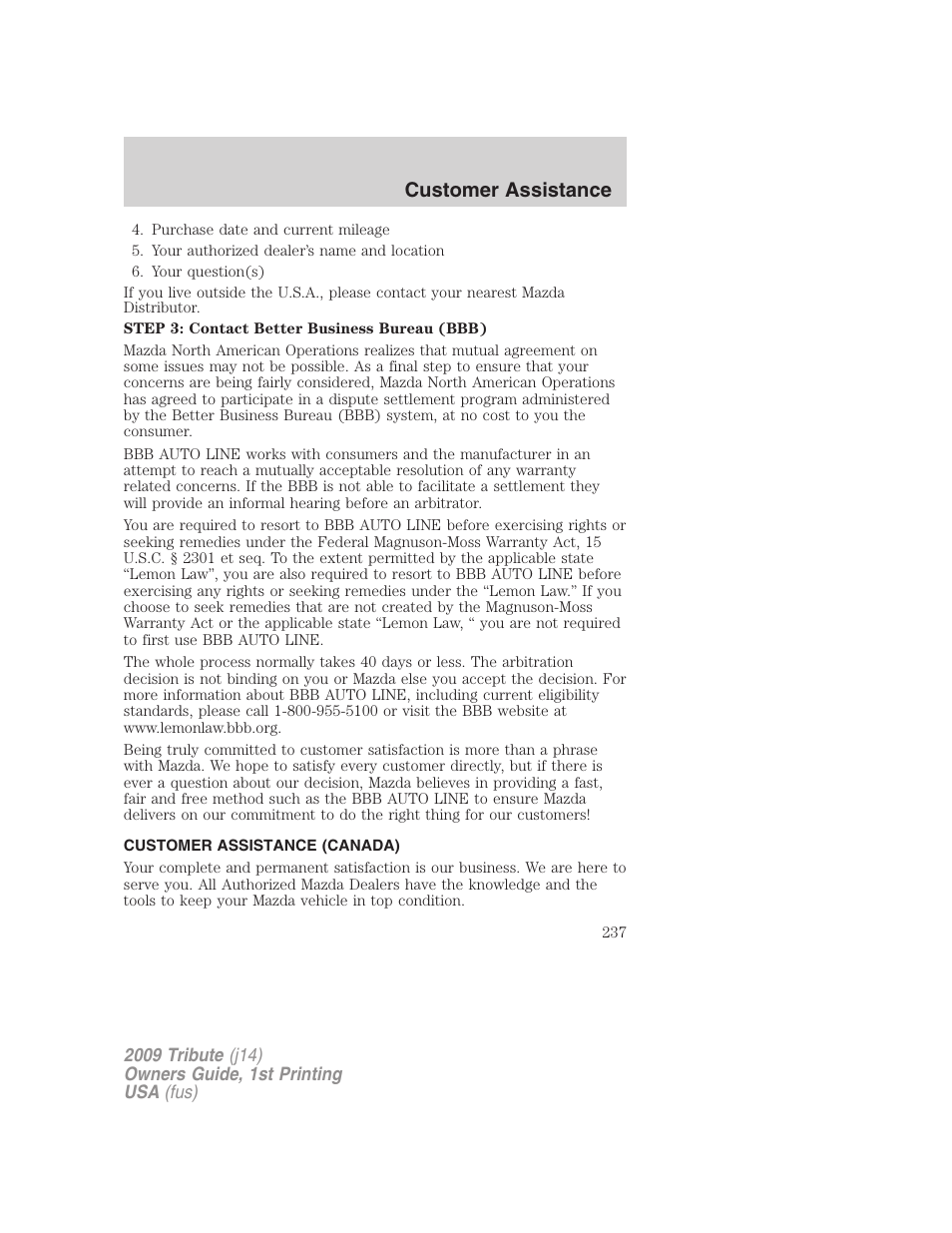 Customer assistance (canada), Customer assistance | Mazda 2009 Tribute User Manual | Page 237 / 304