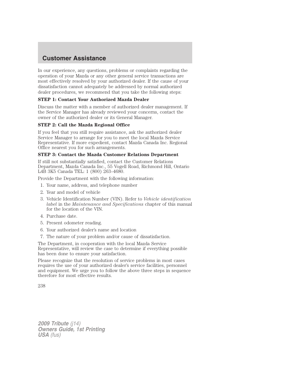 Customer assistance | Mazda 2009 Tribute User Manual | Page 238 / 304