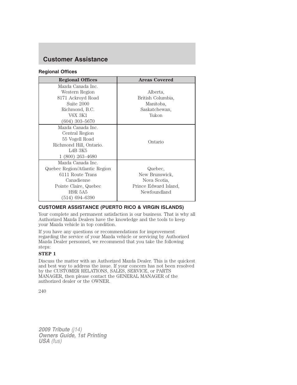 Regional offices, Customer assistance (puerto rico & virgin islands), Customer assistance | Mazda 2009 Tribute User Manual | Page 240 / 304