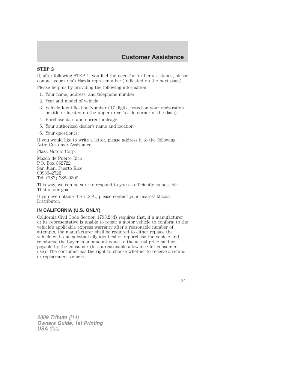 In california (u.s. only), Customer assistance | Mazda 2009 Tribute User Manual | Page 241 / 304