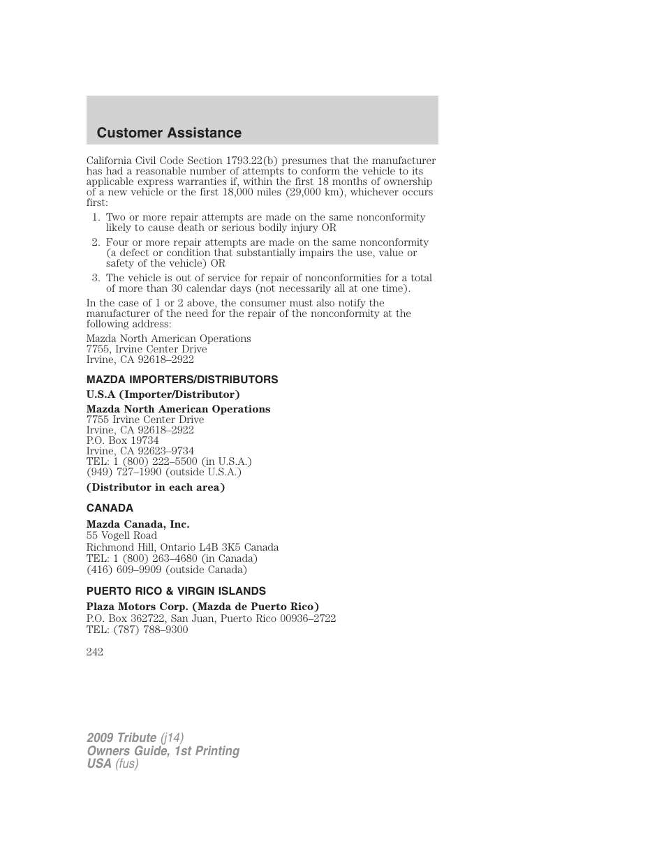 Mazda importers/distributors, Canada, Puerto rico & virgin islands | Customer assistance | Mazda 2009 Tribute User Manual | Page 242 / 304