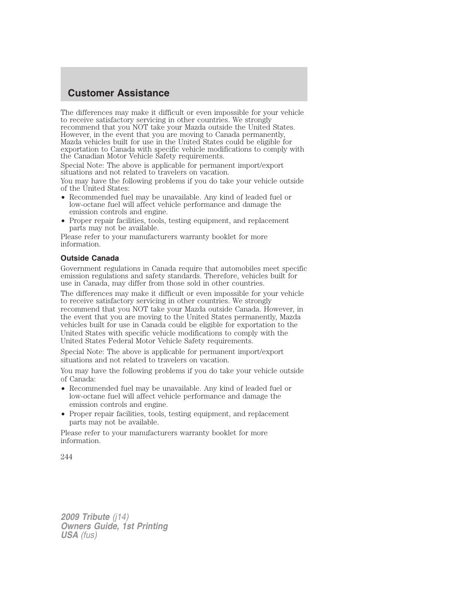 Outside canada, Customer assistance | Mazda 2009 Tribute User Manual | Page 244 / 304