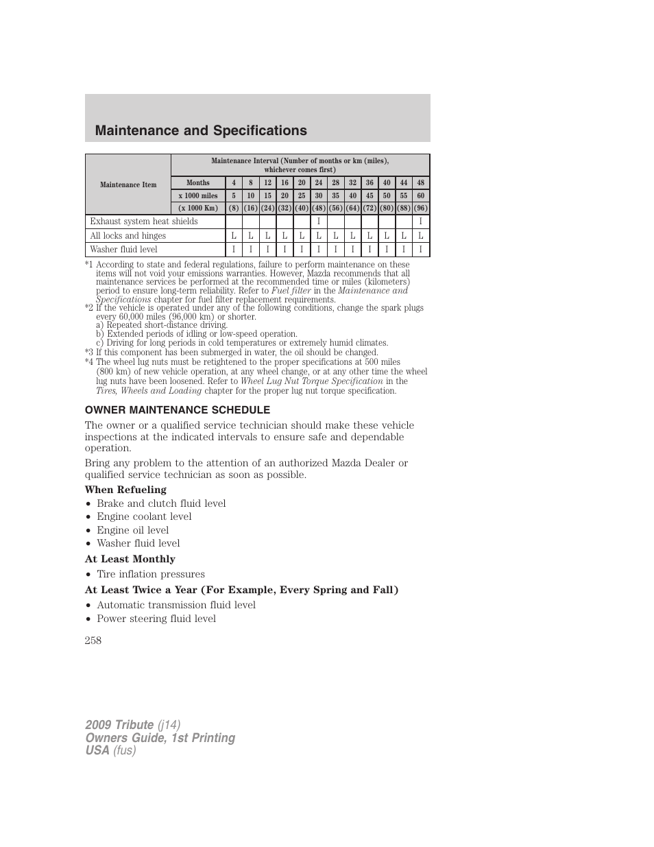 Owner maintenance schedule, Maintenance and specifications | Mazda 2009 Tribute User Manual | Page 258 / 304