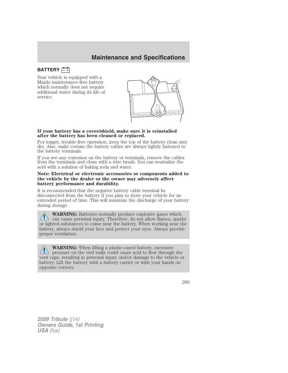 Battery, Maintenance and specifications | Mazda 2009 Tribute User Manual | Page 269 / 304