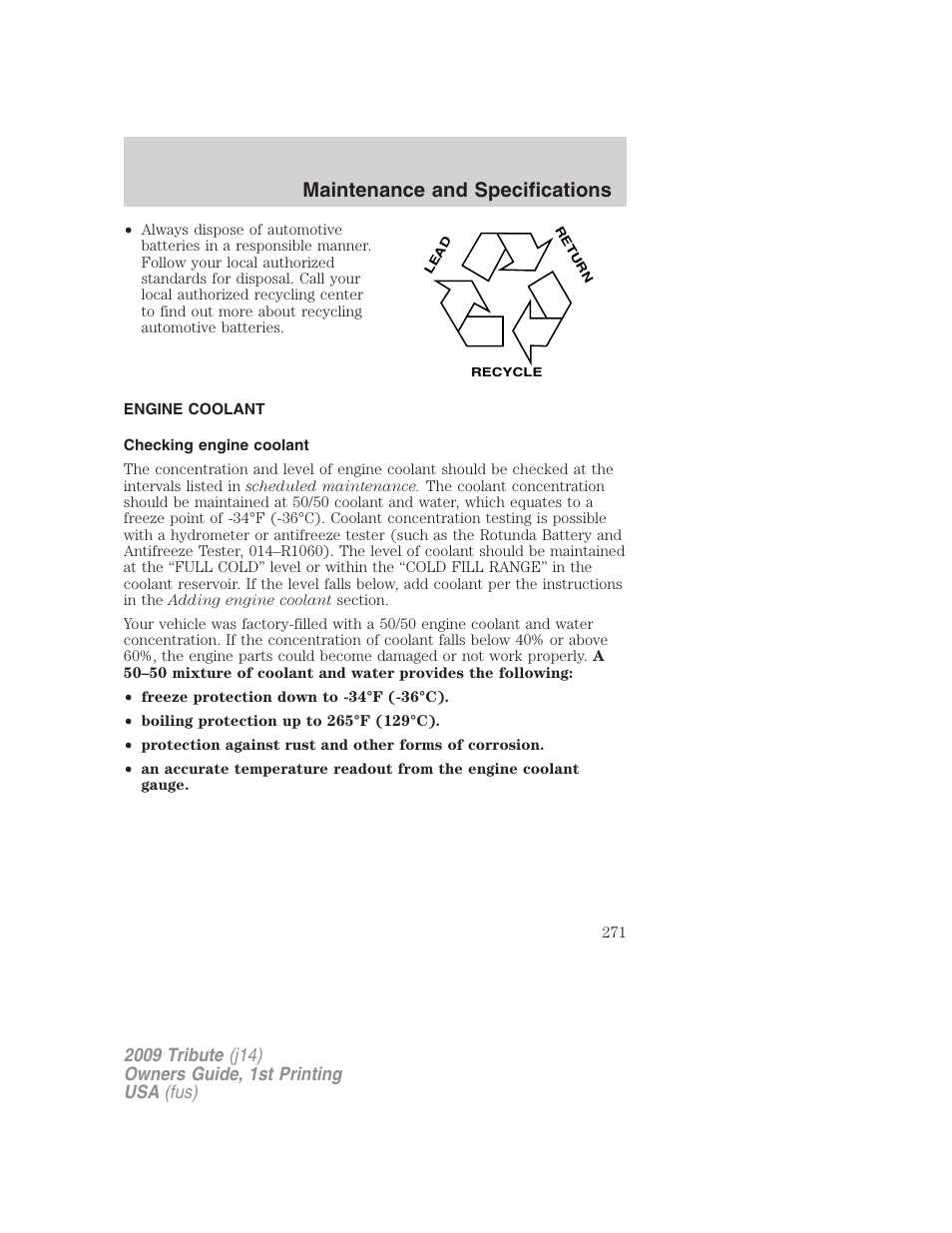 Engine coolant, Checking engine coolant, Maintenance and specifications | Mazda 2009 Tribute User Manual | Page 271 / 304