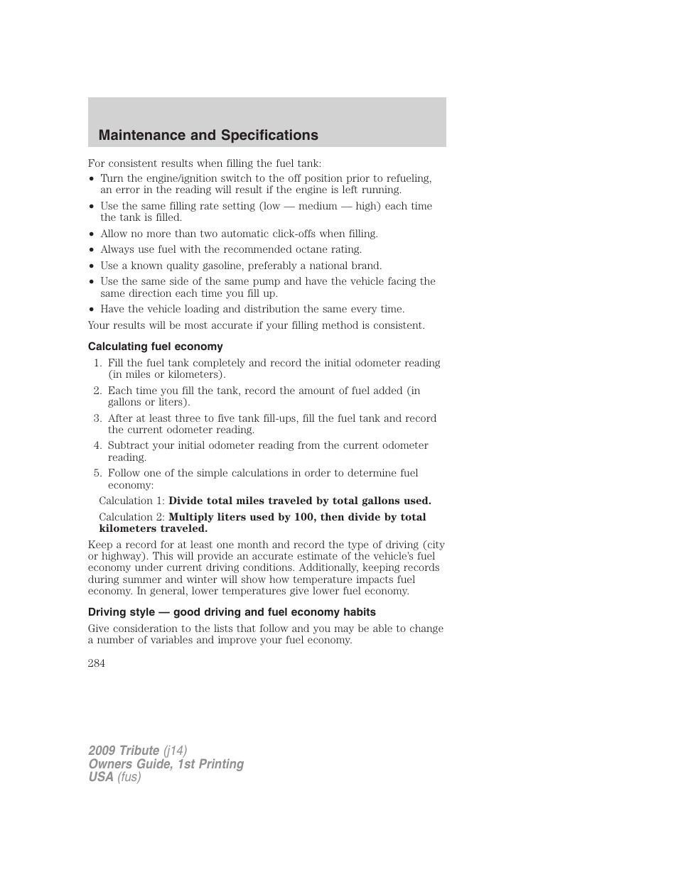 Calculating fuel economy, Maintenance and specifications | Mazda 2009 Tribute User Manual | Page 284 / 304