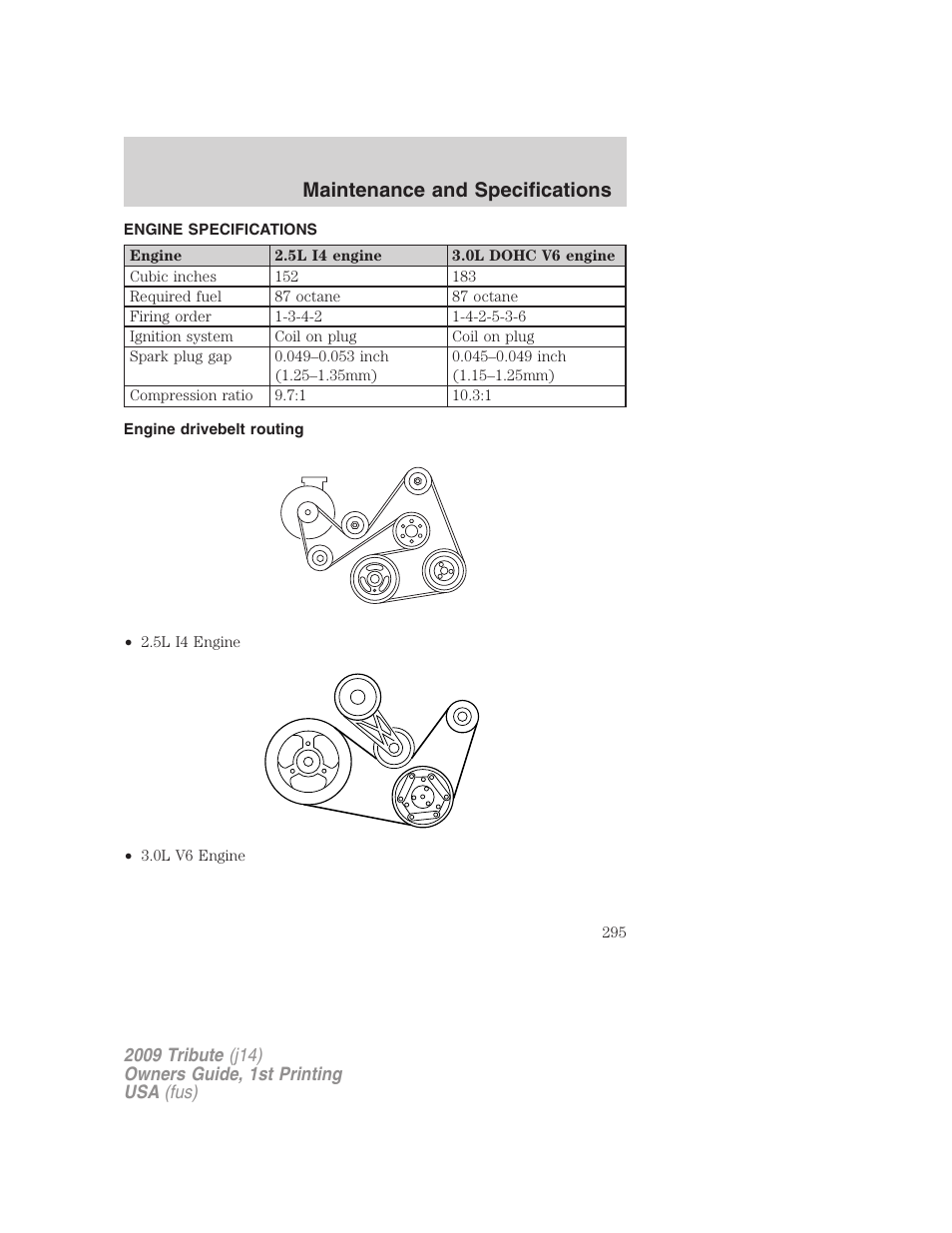 Engine specifications, Engine drivebelt routing, Engine data | Maintenance and specifications | Mazda 2009 Tribute User Manual | Page 295 / 304