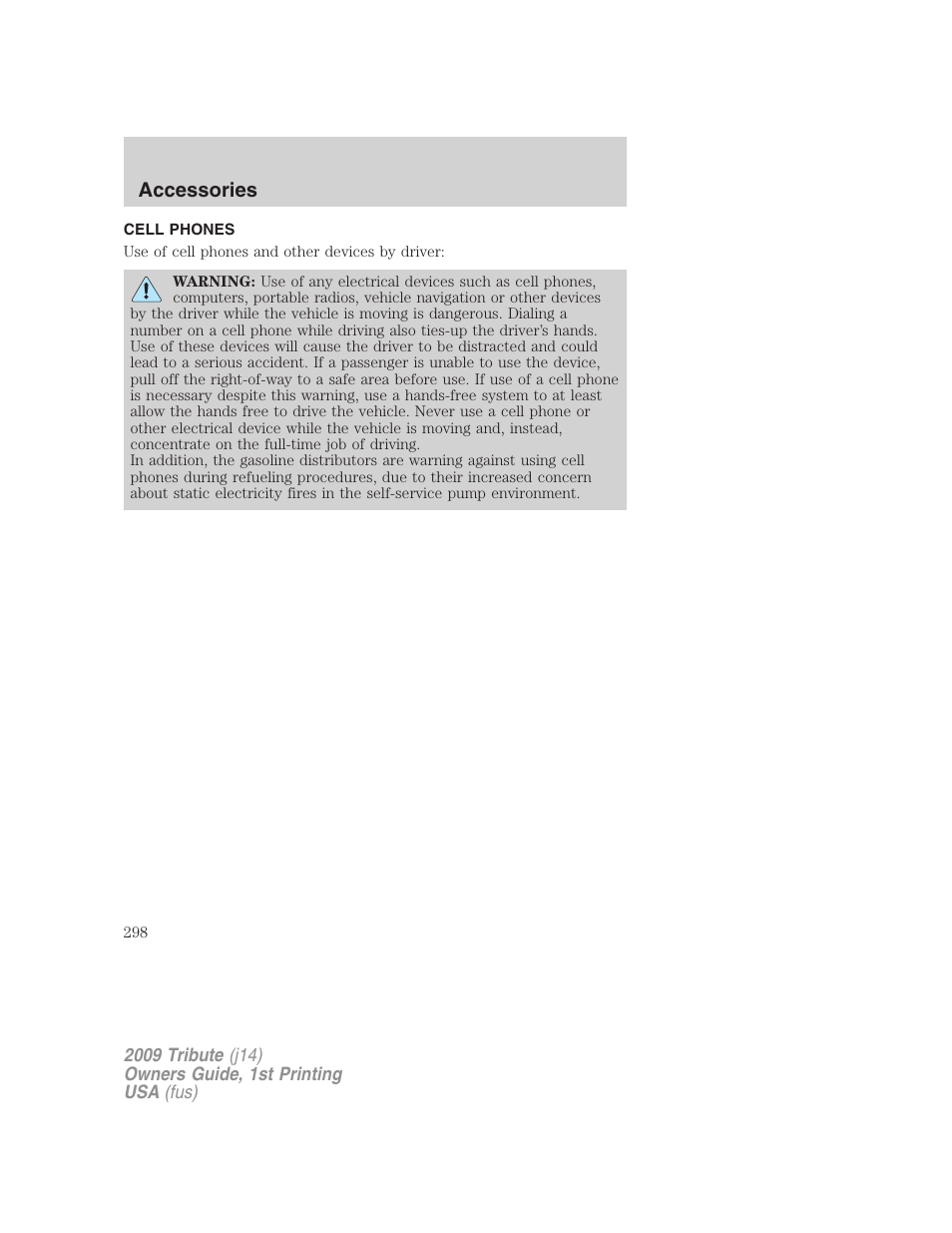 Accessories, Cell phones | Mazda 2009 Tribute User Manual | Page 298 / 304