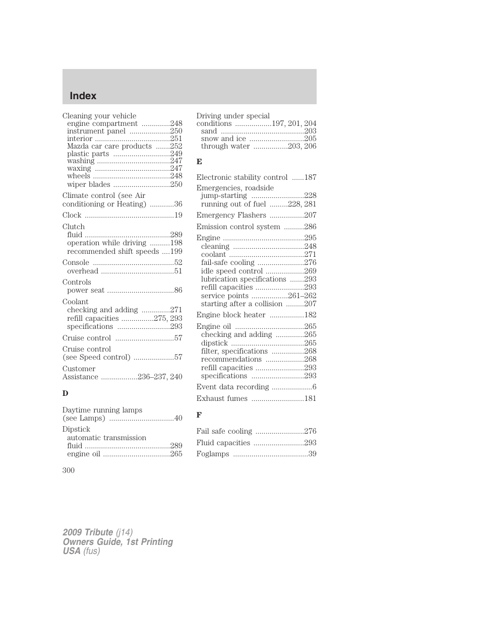 Index | Mazda 2009 Tribute User Manual | Page 300 / 304