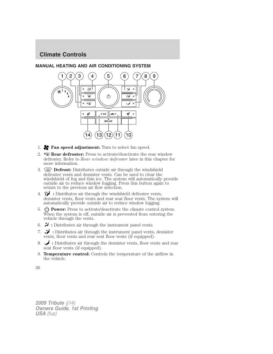 Climate controls, Manual heating and air conditioning system, Manual heating and air conditioning | Mazda 2009 Tribute User Manual | Page 36 / 304