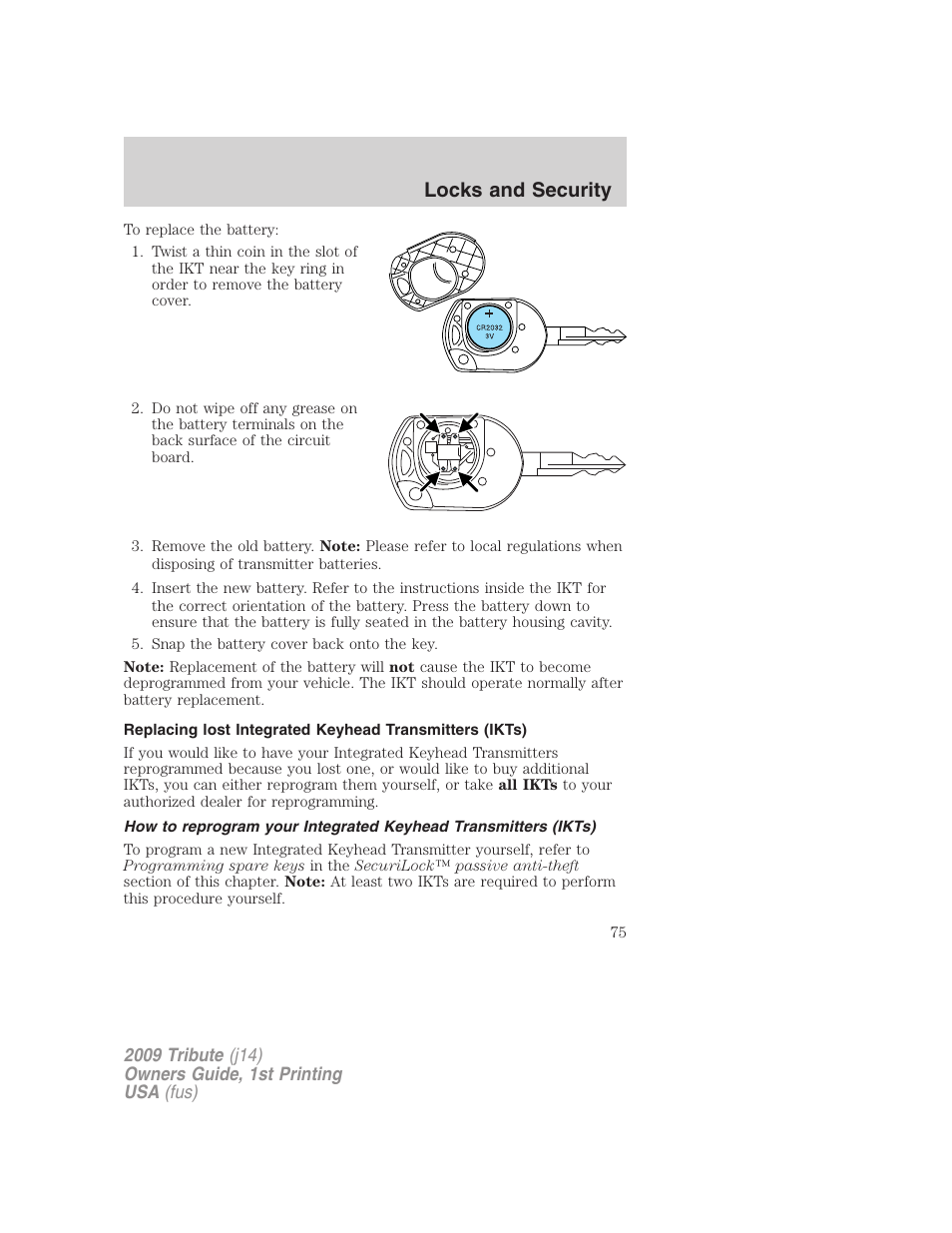 Locks and security | Mazda 2009 Tribute User Manual | Page 75 / 304