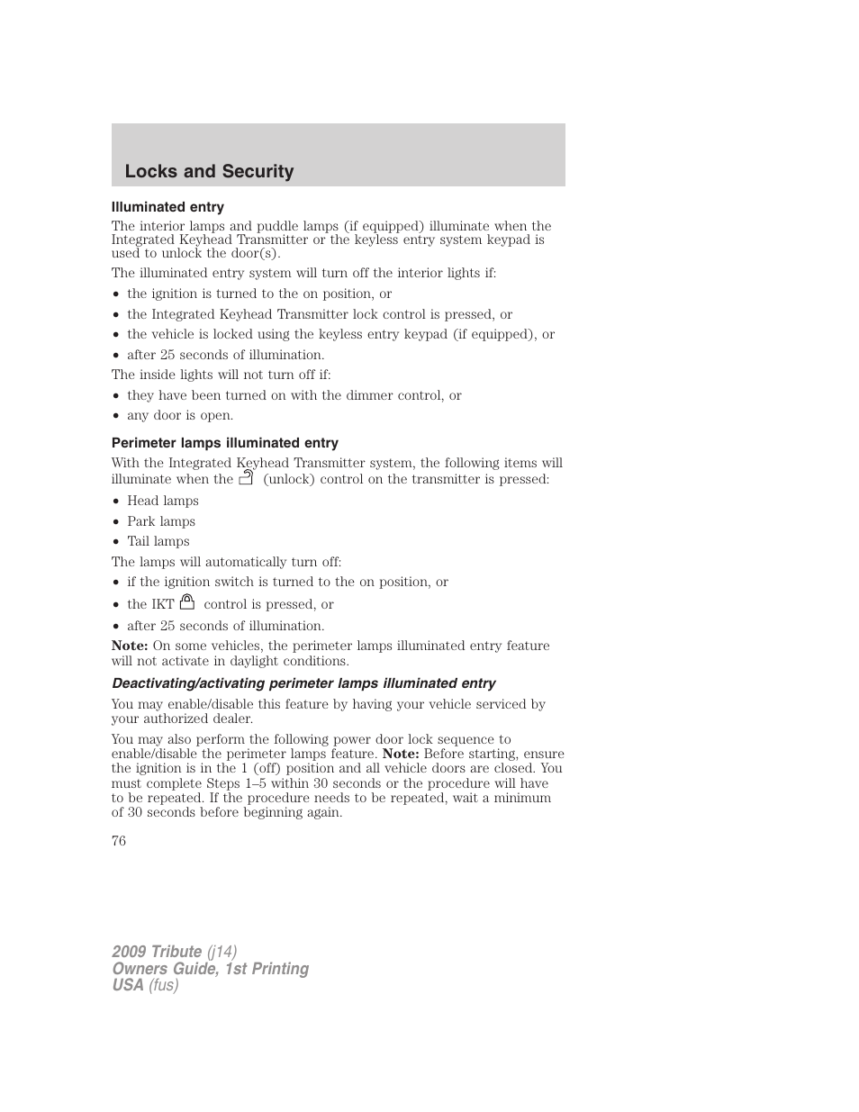 Illuminated entry, Perimeter lamps illuminated entry, Locks and security | Mazda 2009 Tribute User Manual | Page 76 / 304