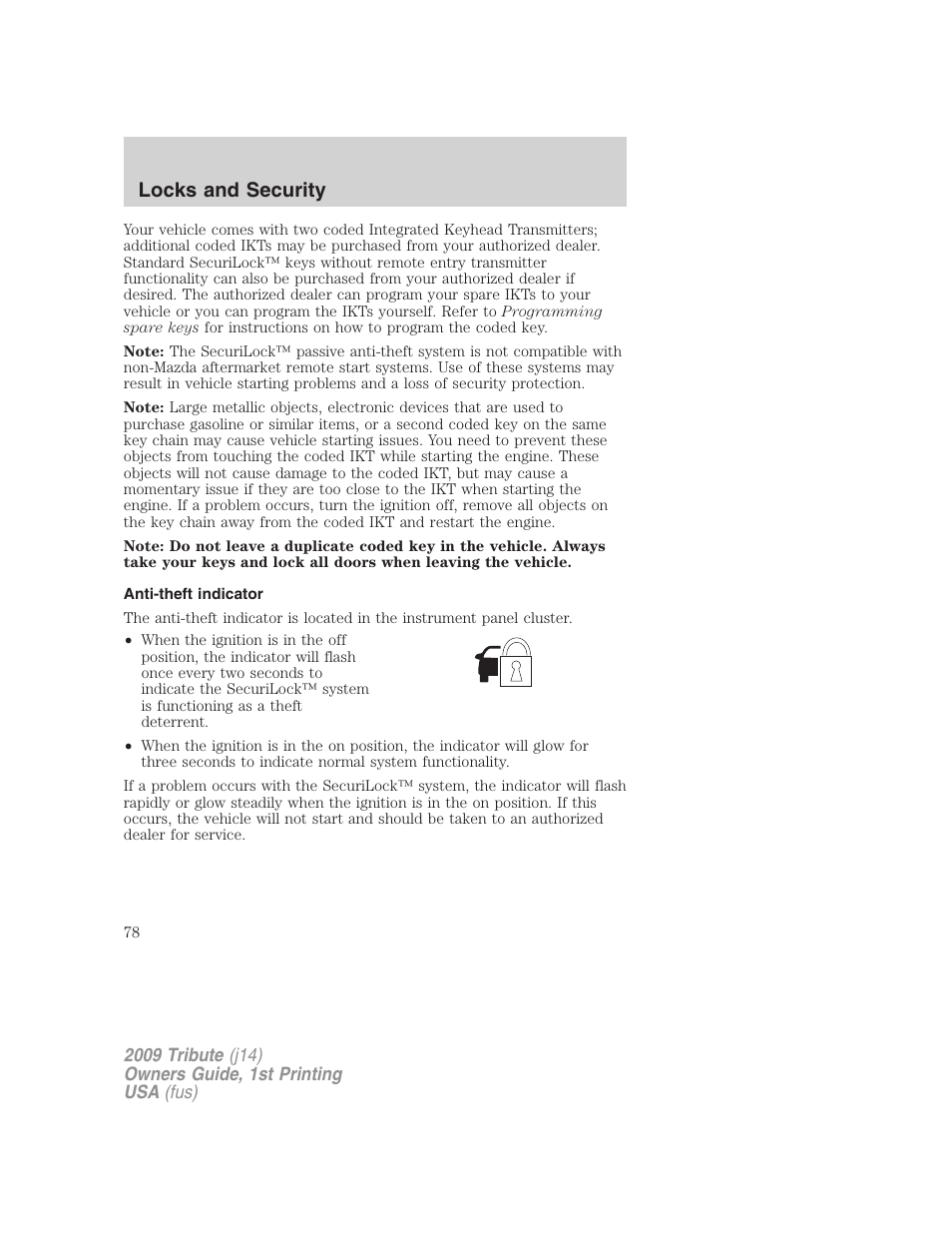 Anti-theft indicator, Locks and security | Mazda 2009 Tribute User Manual | Page 78 / 304