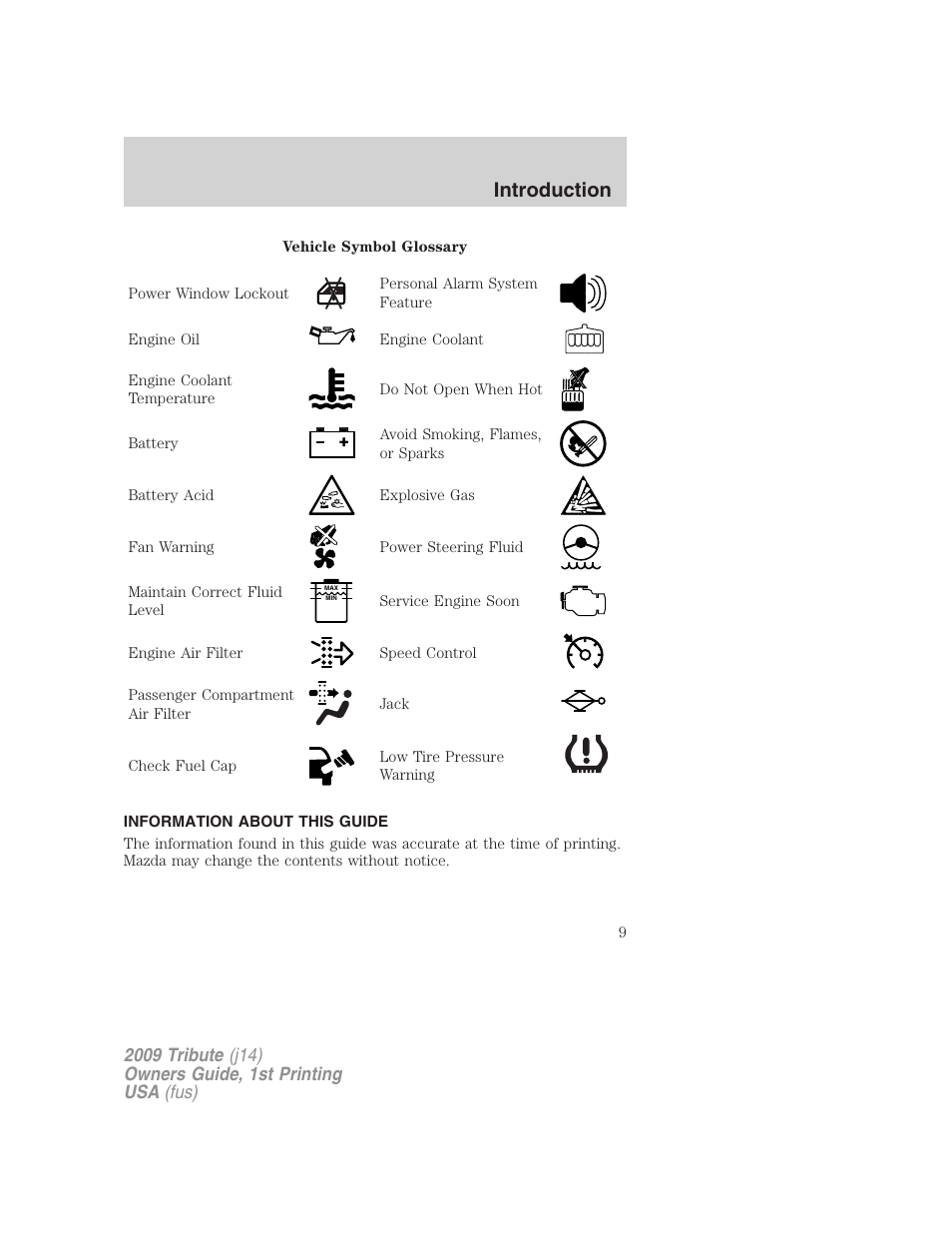 Information about this guide, Introduction | Mazda 2009 Tribute User Manual | Page 9 / 304