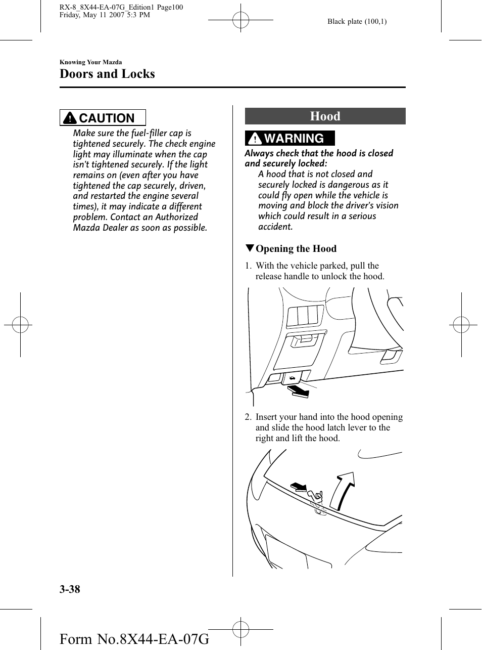 Hood, Hood -38, Doors and locks | Caution, Warning | Mazda 2008 RX-8 User Manual | Page 100 / 432