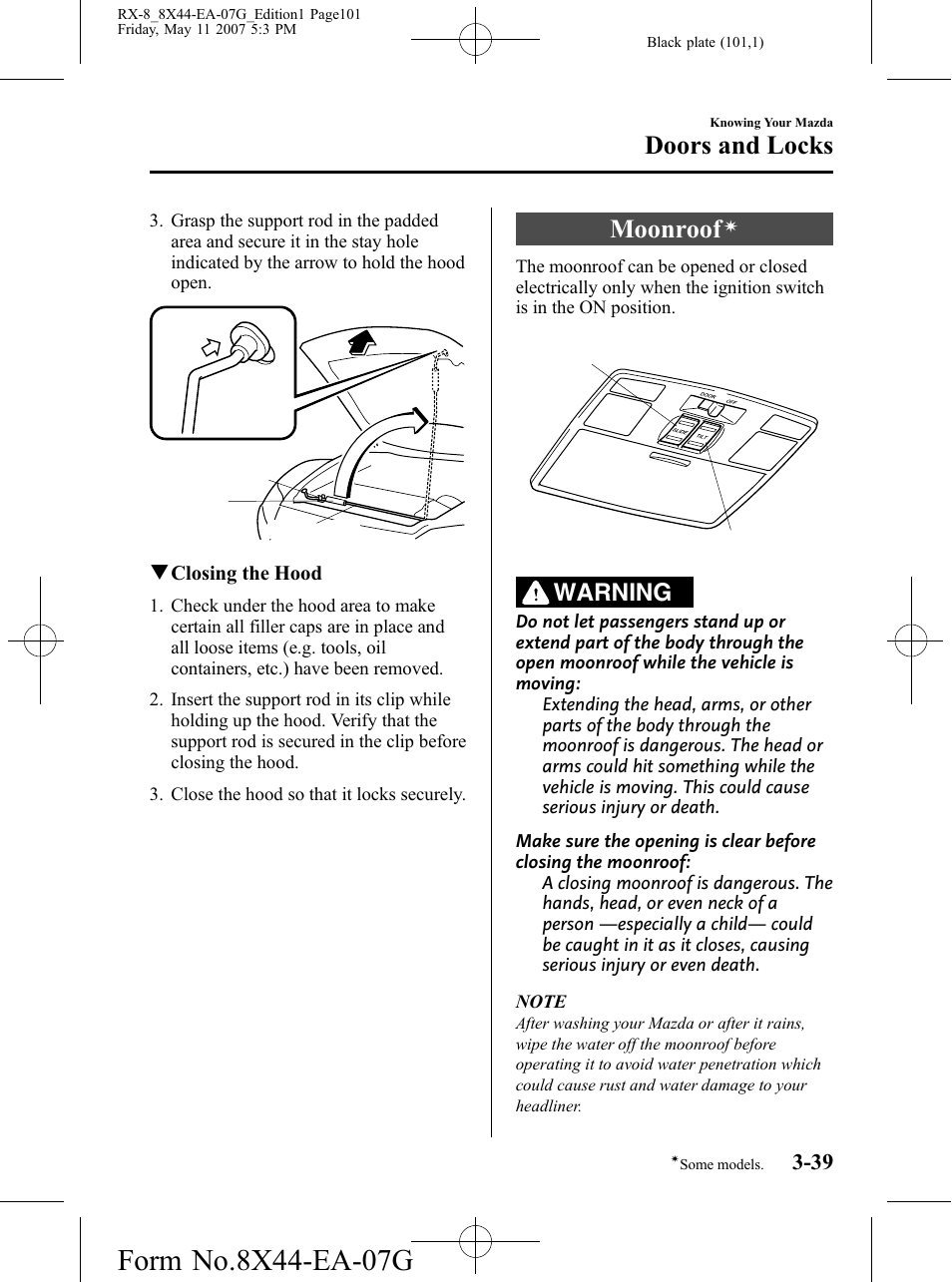 Moonroof, Doors and locks, Warning | Mazda 2008 RX-8 User Manual | Page 101 / 432