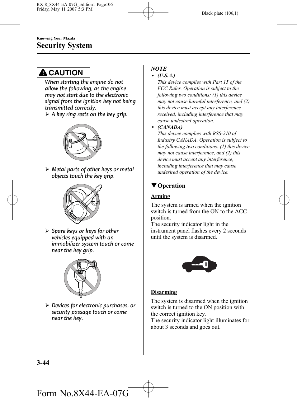 Security system, Caution | Mazda 2008 RX-8 User Manual | Page 106 / 432