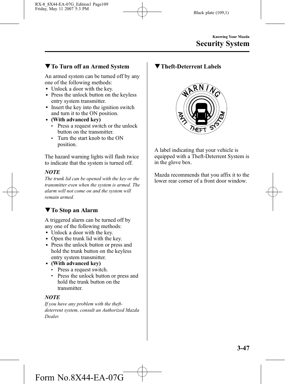 Security system, Qto turn off an armed system, Qto stop an alarm | Qtheft-deterrent labels | Mazda 2008 RX-8 User Manual | Page 109 / 432