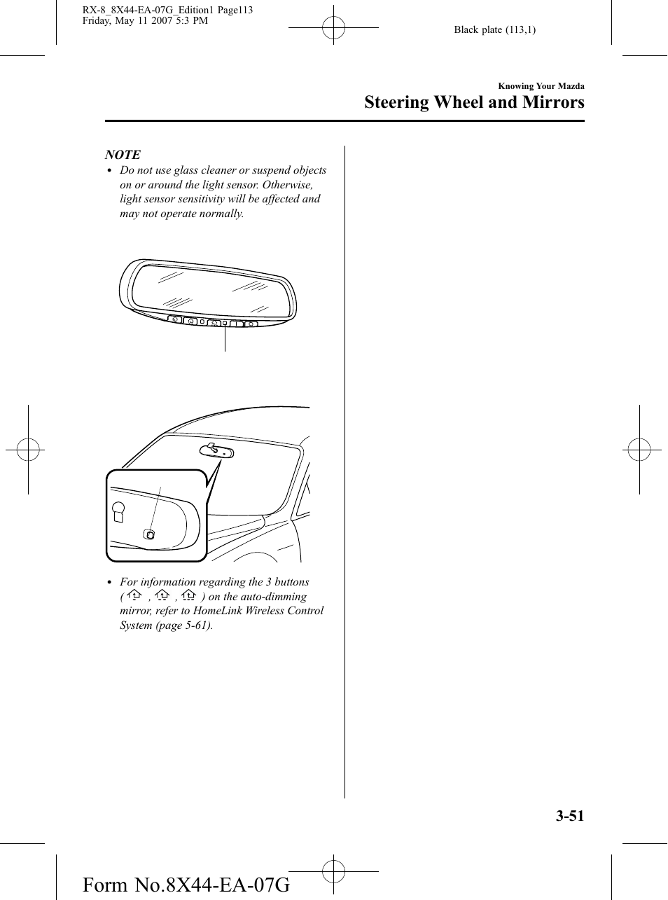 Steering wheel and mirrors | Mazda 2008 RX-8 User Manual | Page 113 / 432