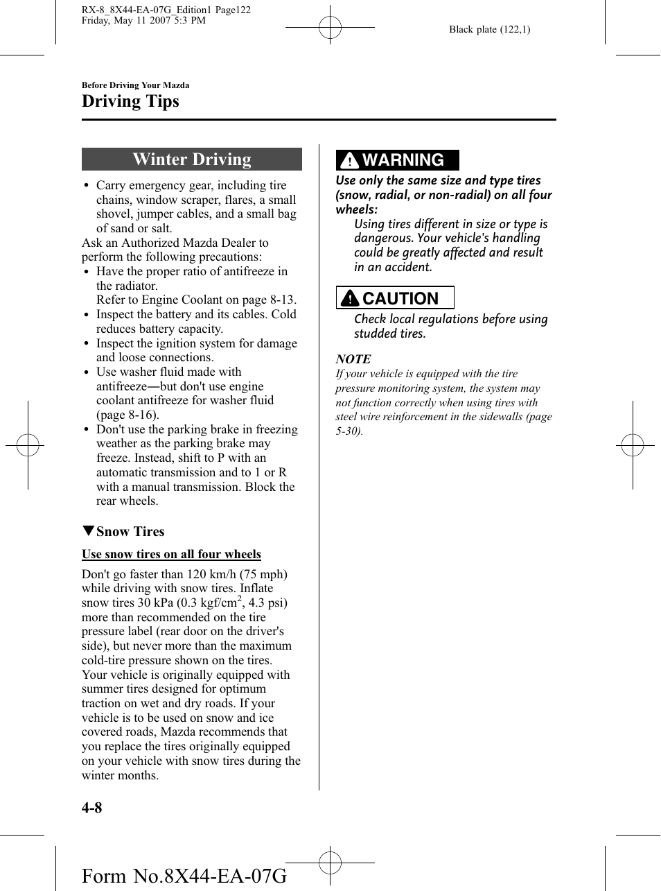 Winter driving, Winter driving -8, Driving tips | Warning, Caution | Mazda 2008 RX-8 User Manual | Page 122 / 432