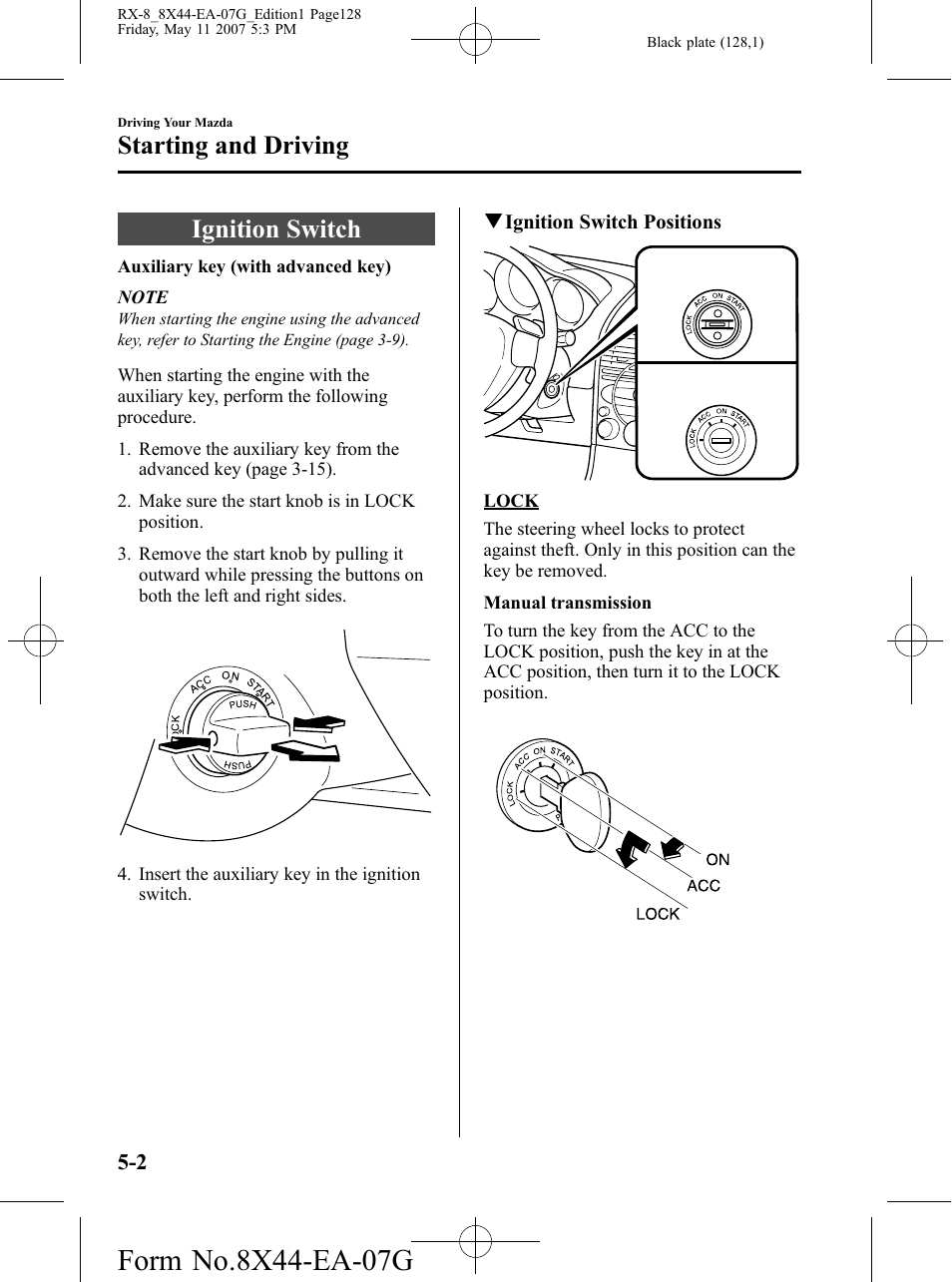 Starting and driving, Ignition switch, Starting and driving -2 | Ignition switch -2 | Mazda 2008 RX-8 User Manual | Page 128 / 432