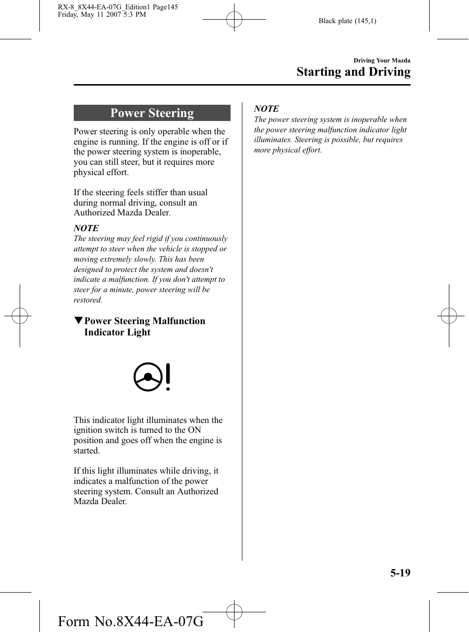 Power steering, Power steering -19, Starting and driving | Mazda 2008 RX-8 User Manual | Page 145 / 432