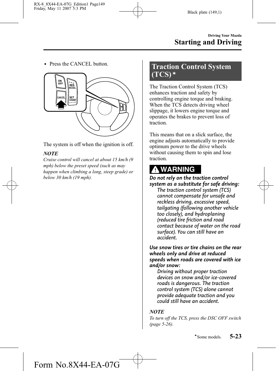 Traction control system (tcs), Starting and driving, Warning | Mazda 2008 RX-8 User Manual | Page 149 / 432