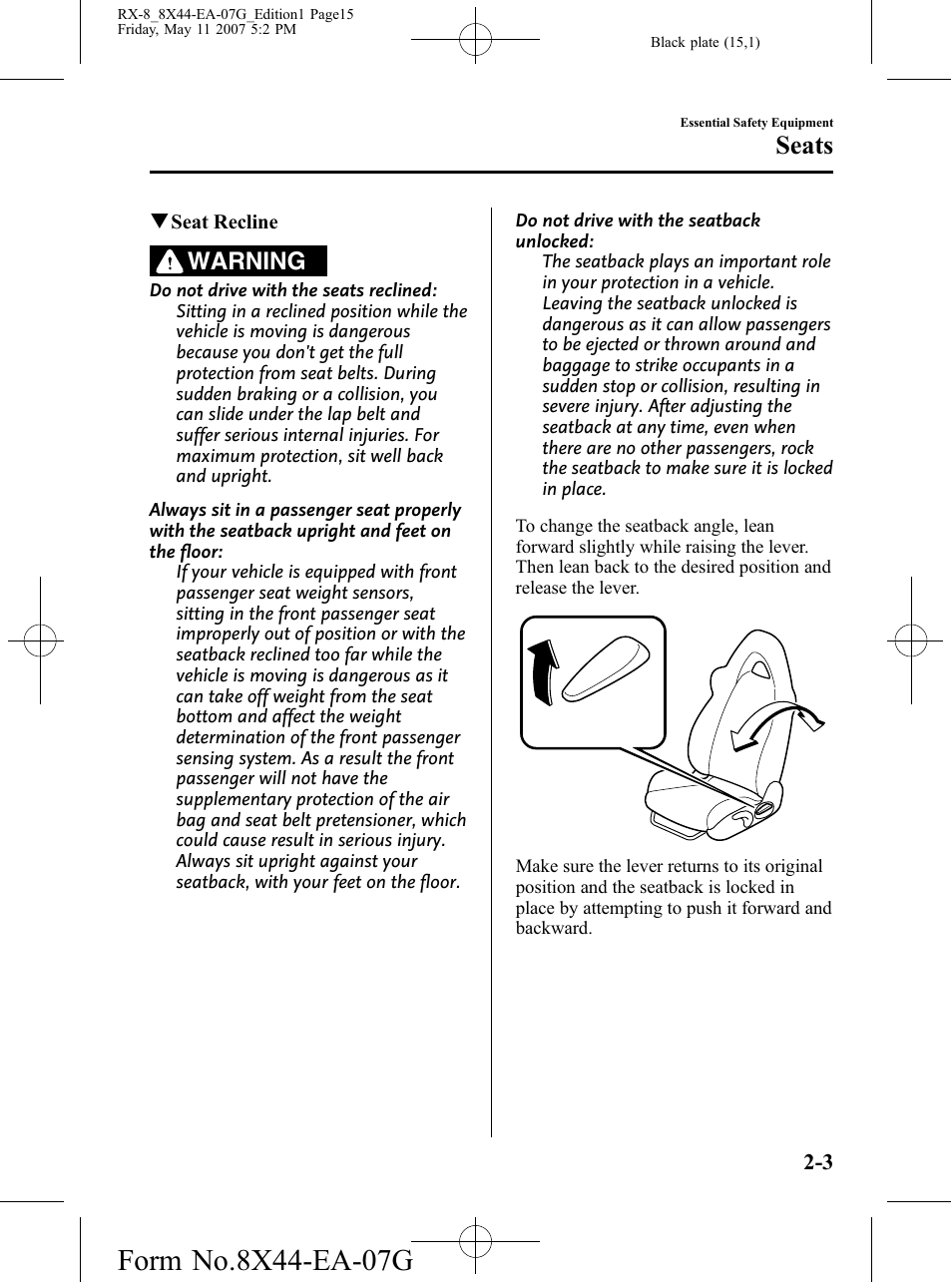 Seats, Warning | Mazda 2008 RX-8 User Manual | Page 15 / 432