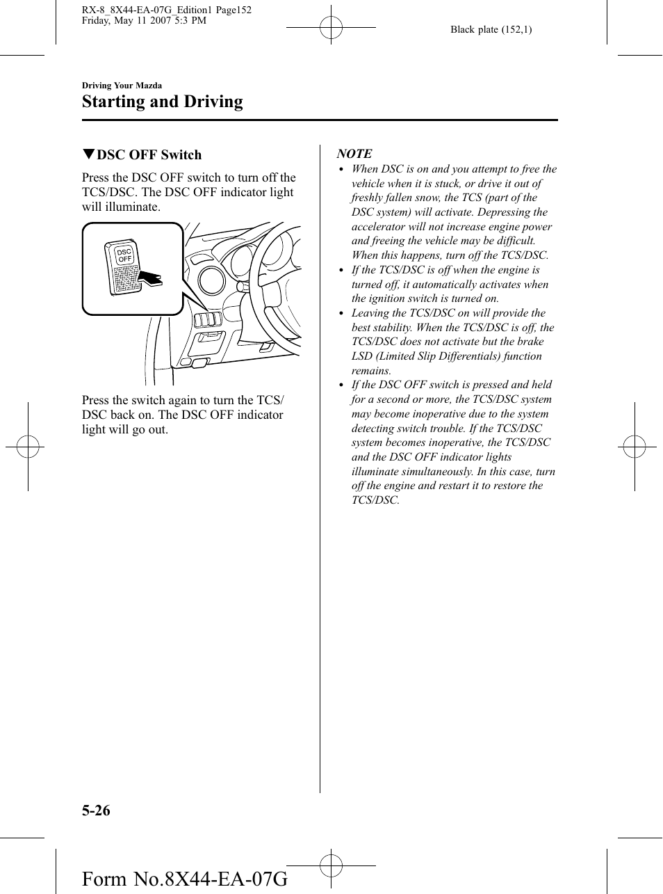 Starting and driving, Qdsc off switch | Mazda 2008 RX-8 User Manual | Page 152 / 432