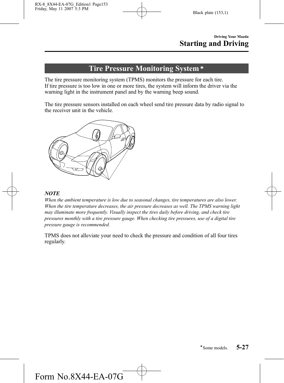 Tire pressure monitoring system, Starting and driving | Mazda 2008 RX-8 User Manual | Page 153 / 432