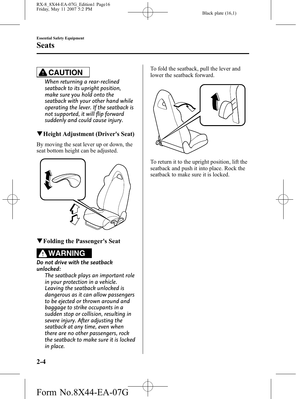 Seats, Caution, Warning | Mazda 2008 RX-8 User Manual | Page 16 / 432