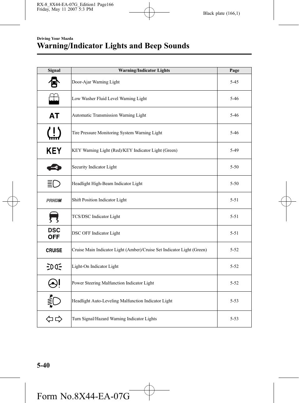 Warning/indicator lights and beep sounds | Mazda 2008 RX-8 User Manual | Page 166 / 432