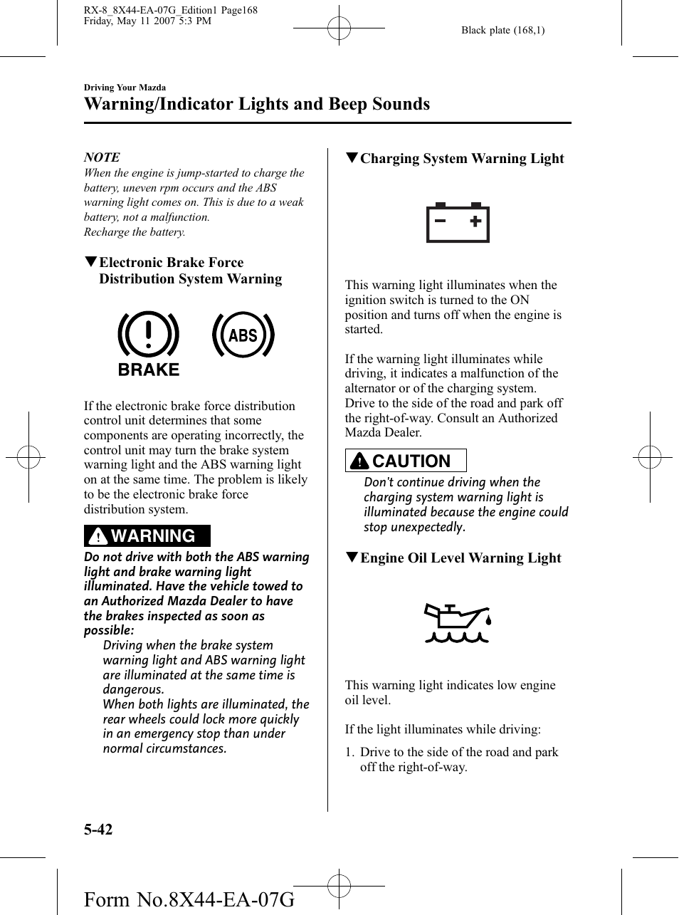 Warning/indicator lights and beep sounds, Warning, Caution | Mazda 2008 RX-8 User Manual | Page 168 / 432